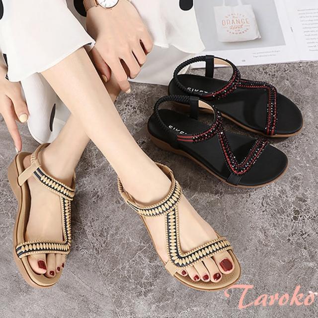 【Taroko】串珠寶石復古挖空坡跟舒適涼鞋(2色可選)
