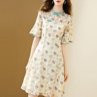 【FQ 時尚天后】青綠旗袍領淡黃葉片紋蕾絲洋裝(S-2XL)