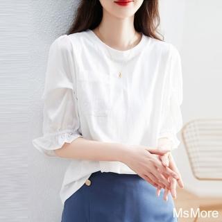【MsMore】韓版設計感浪漫蕾絲拼接棉圓領寬鬆五分袖中長版上衣#112977現貨+預購(白色)