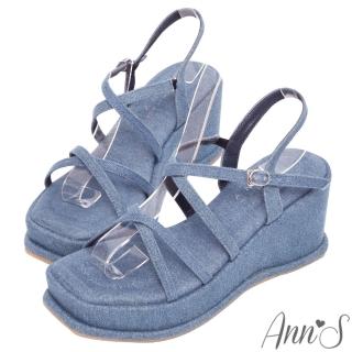 【Ann’S】美圖厚底系列-雙交叉方頭涼鞋-7.5cm(牛仔藍)