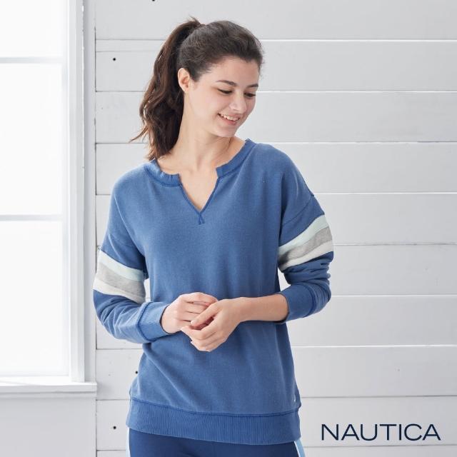 【NAUTICA】女裝V領撞色拼接保暖長袖T恤(藍)