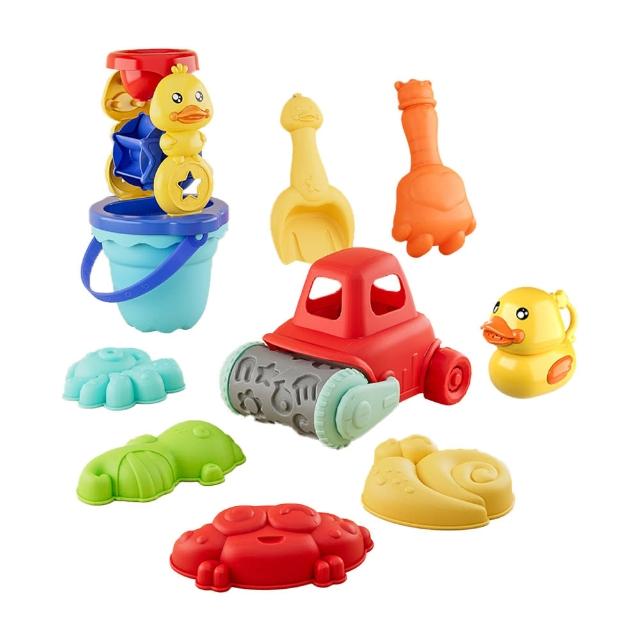 【JoyNa】小鴨沙漏玩沙10件組沙灘桶(玩沙玩具.挖沙.戲水玩具)