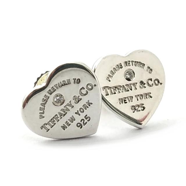 【Tiffany&Co. 蒂芙尼】925純銀-鑲鑽RTT刻字迷你愛心墜飾耳環