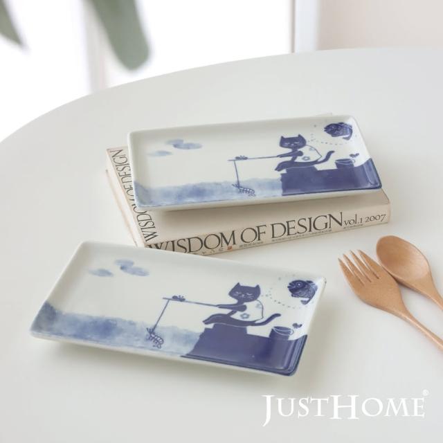 【Just Home】日本製喵星陶瓷9.2吋長方餐盤2件組(手繪感貓咪圖案/餐盤)