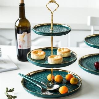 【JEN】歐式創意三層陶瓷甜點蛋糕下午茶盤架(金邊綠)