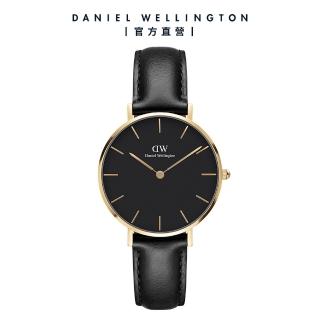 【Daniel Wellington】DW 手錶 Petite Sheffield 32mm爵士黑真皮皮革錶-香檳金框(DW00100547)