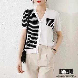 【JILLI-KO】買一送一 韓系撞色不對稱條紋別緻冰絲針織衫-F(白)