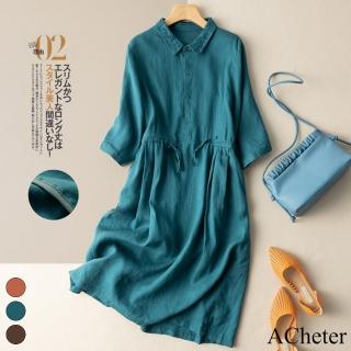 【ACheter】慵懶感V領刺繡顯瘦棉麻襯衫純色素面短袖洋裝#112870現貨+預購(3色)