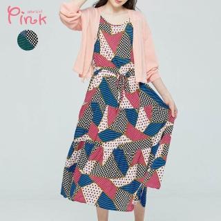 【PINK NEW GIRL】繽紛幾何印花腰抽繩短袖長洋裝 I3101AQ(2色)