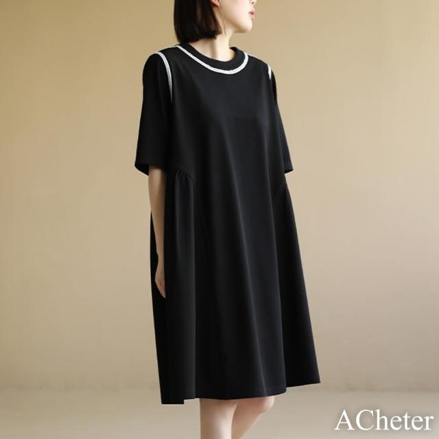 【ACheter】法式拼接織帶寬鬆氣質洋裝#113002現貨+預購(黑色)