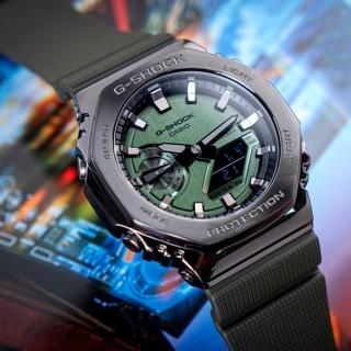【CASIO 卡西歐】G-SHOCK 極致時尚八角錶殼耐衝擊運動雙顯腕錶/綠x灰框(GM-2100B-3A)