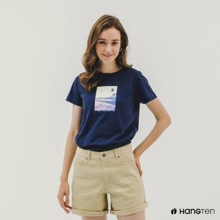 【Hang Ten】女裝-純棉加州海岸印花短袖T恤(藍)