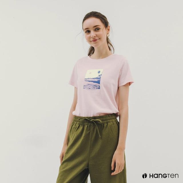 【Hang Ten】女裝-純棉加州海岸印花短袖T恤(粉)