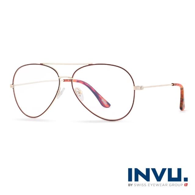 【INVU】瑞士優選 飛行員框光學眼鏡(B3902A-白金/夕陽紅)