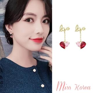 【MISS KOREA】韓國設計925銀針浪漫撞色水晶愛心LOVE造型耳環(925銀針耳環 撞色耳環 愛心耳環)