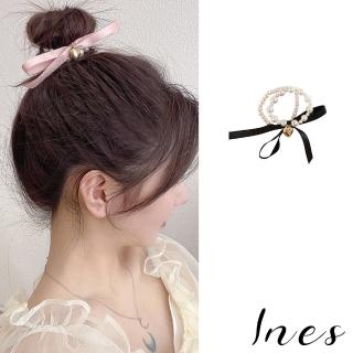 【INES】珍珠髮圈 緞帶髮圈 蝴蝶結髮圈/韓國設計法式復古優雅珍珠緞帶蝴蝶結造型髮圈(3色任選)