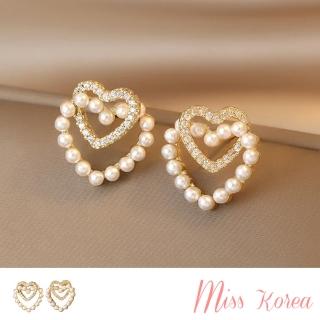 【MISS KOREA】韓國設計925銀針閃耀美鑽浪漫雙愛心珍珠耳環(925銀針耳環 雙愛心耳環 珍珠耳環)