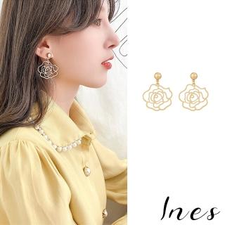 【INES】韓國設計925銀針縷空氣質玫瑰花造型耳環(925銀針耳環 縷空耳環 玫瑰花耳環)