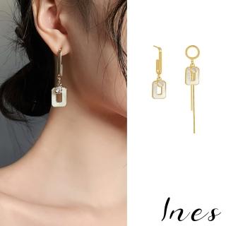 【INES】925銀針耳環 方塊耳環 美鑽耳環/韓國設計925銀針法式幾何復古方塊美鑽不對稱耳環(2色任選)