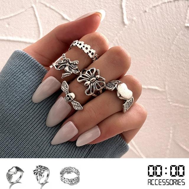 【00:00】韓國設計復古暗黑龐克元素個性5件戒指套組(復古戒指 龐克戒指)