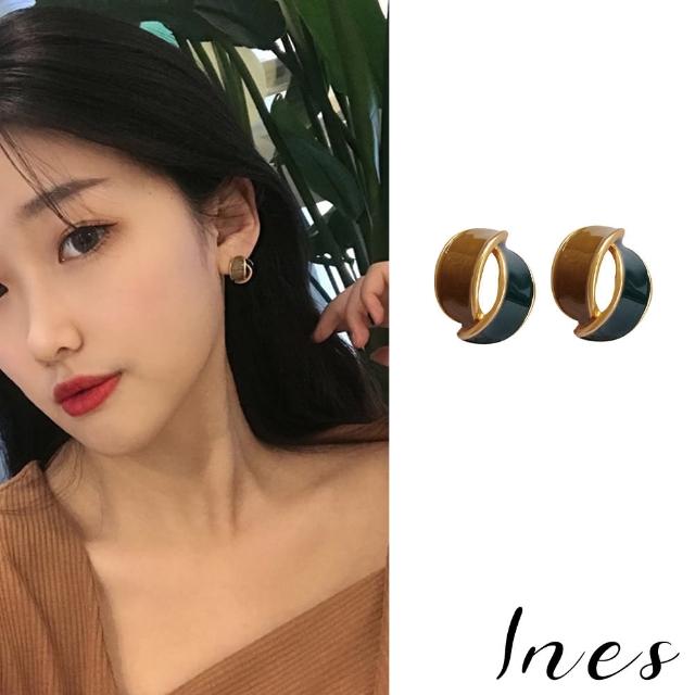 【INES】韓國設計925銀針幾何撞色月牙造型耳環(925銀針耳環 撞色耳環 月牙耳環)