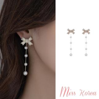 【MISS KOREA】韓國設計925銀針兩戴法設計溫柔珍珠蝴蝶結流蘇造型耳環(925銀針耳環 兩戴法耳環 流蘇耳環)