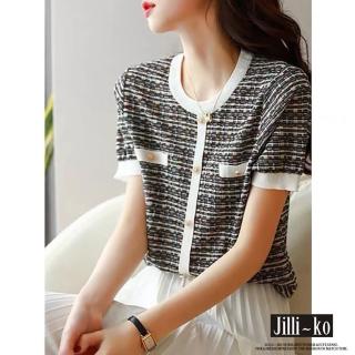 【JILLI-KO】夏季新款小香風時尚混色氣質寬鬆冰絲針織衫-F(黑/白)