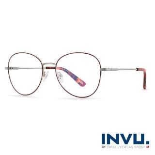 【INVU】瑞士俐落微圓框光學眼鏡(B3906B-白銀/夕陽紅)