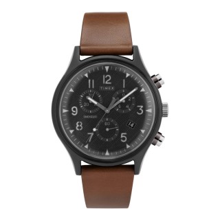 【TIMEX】定律吸引三眼計時皮帶腕錶-黑X咖啡(TW2T29600)