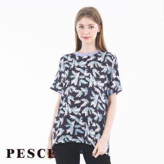 【PESCE】短袖圓領寬鬆上衣、天絲印染彩繪花朵(前短後長設計/顯瘦必buy款)