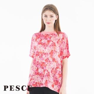 【PESCE】短袖圓領寬鬆上衣、天絲印染彩繪花朵-玫瑰(前短後長設計/透氣親膚抗菌/必BUY款)