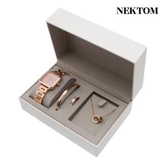 【NEKTOM】玫瑰金方形框 粉面星空 不鏽鋼錶帶手錶 女錶 飾品禮盒套組 母親節(B8010L-PINK)