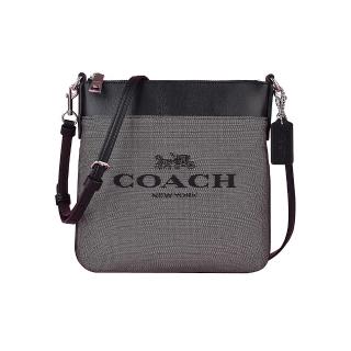 【COACH】COACH專櫃款 KITT刺繡黑字馬車LOGO牛仔帆布拼牛皮斜背包(黑x鐵灰)