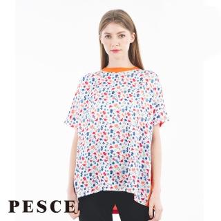 【PESCE】短袖圓領寬鬆上衣、天絲印染彩繪花朵-童趣(前短後長設計/顯瘦必buy商品)