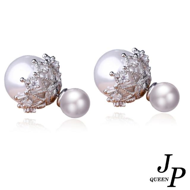 【Jpqueen】雙面蕾絲珍珠閃亮鋯石垂墜耳環(白金色)