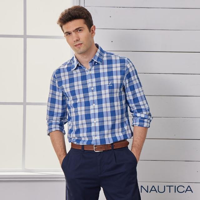 【NAUTICA】男裝透氣修身格紋長袖襯衫(藍)