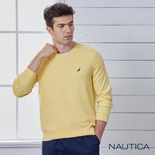 【NAUTICA】男裝質感修身V領長袖針織衫(淡黃)