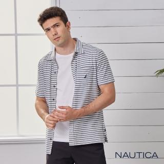 【NAUTICA】男裝時尚休閒條紋短袖襯衫(藍白)