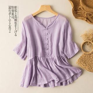 【慢。生活】夏季文藝復古寬鬆棉麻短袖娃娃衫上衣-F(白/紫)