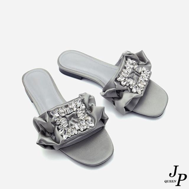 【JP Queen New York】低調抓皺綢緞方形水鑽平底拖鞋(3色可選)