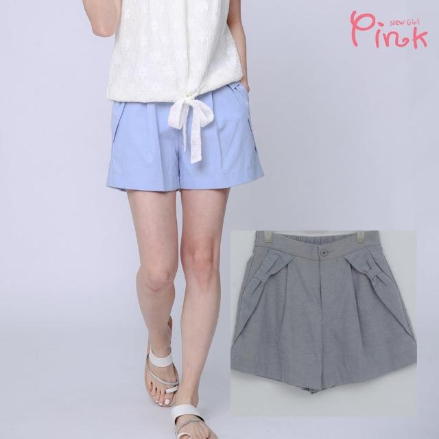 【PINK NEW GIRL】甜美蝴蝶結口袋棉質短褲 I3501ED(藍色)
