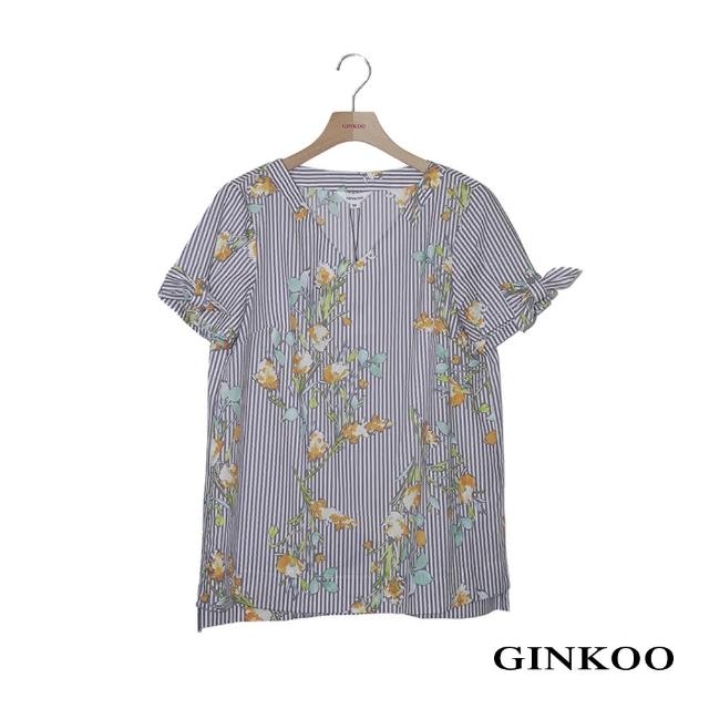 【GINKOO 俊克】花卉條紋短袖上衣