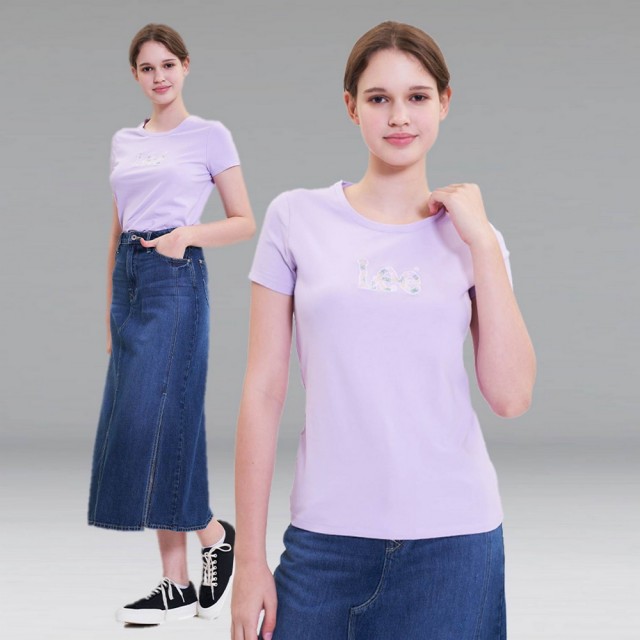 【Lee 官方旗艦】女裝 短袖T恤 / 花草LOGO 浪漫紫 修身版型(LL220212427)
