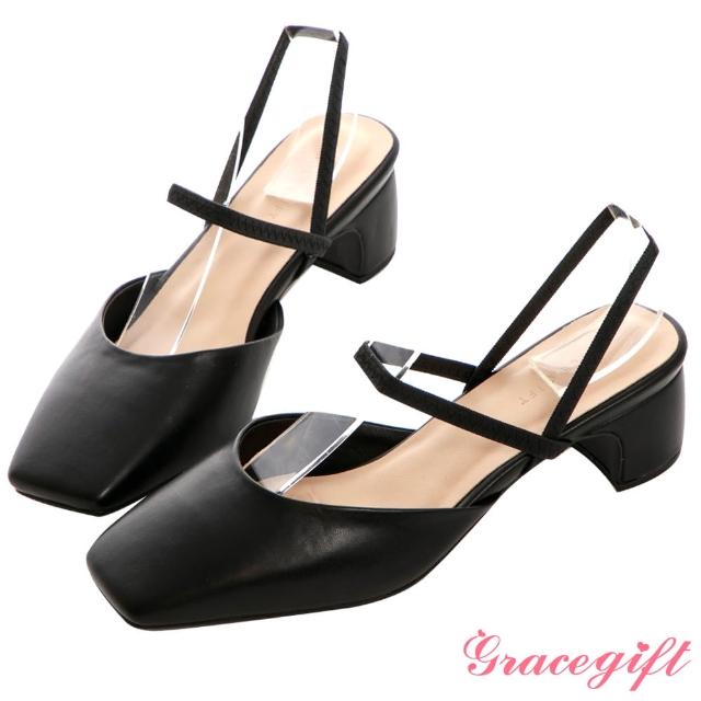 【Grace Gift】韓系方頭馬蹄跟鞋(黑)