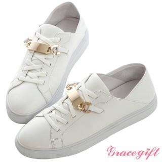 【Grace Gift】全真皮金屬設計2way休閒小白鞋(白)