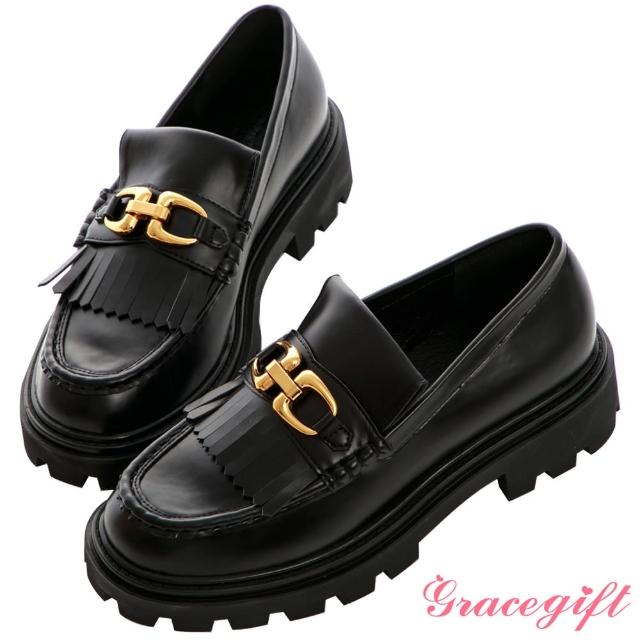 【Grace Gift】金屬流蘇鋸齒厚底樂福鞋(黑)