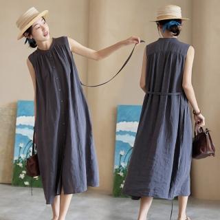 【設計所在】藝術高級灰原木扣法國亞麻裙子復古無袖洋裝 Q220530(S-L可選)