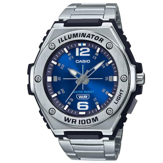 【CASIO 卡西歐】重工業風金屬錶圈不鏽鋼指針錶-藍面(MWA-100HD-2A)