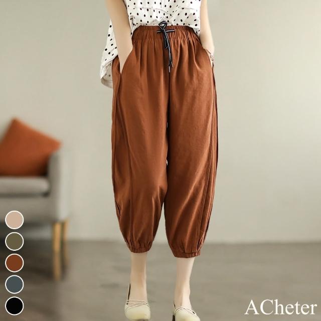 【ACheter】鬆緊腰系帶線條涼感休閒褲#113159現貨+預購(5色)
