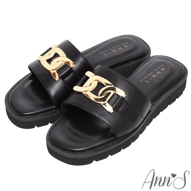 【Ann’S】訂製鎖鏈大金扣厚底方頭涼拖鞋3cm(黑)